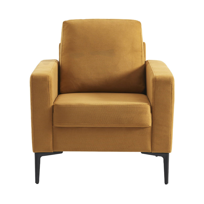 Fauteuil en velours côtelé ocre - Bjorn - Canapé 1 place fixe droit pieds métal