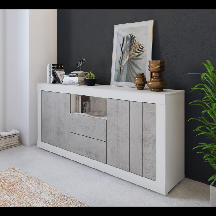 Credenza Moderna Madia Con 2 Ante 2 Cassetti Vano A Giorno Mobile Sala Pranzo Soggiorno Ingresso Senza Maniglie 184x86x42 Cm Bianco Grigio Cemento