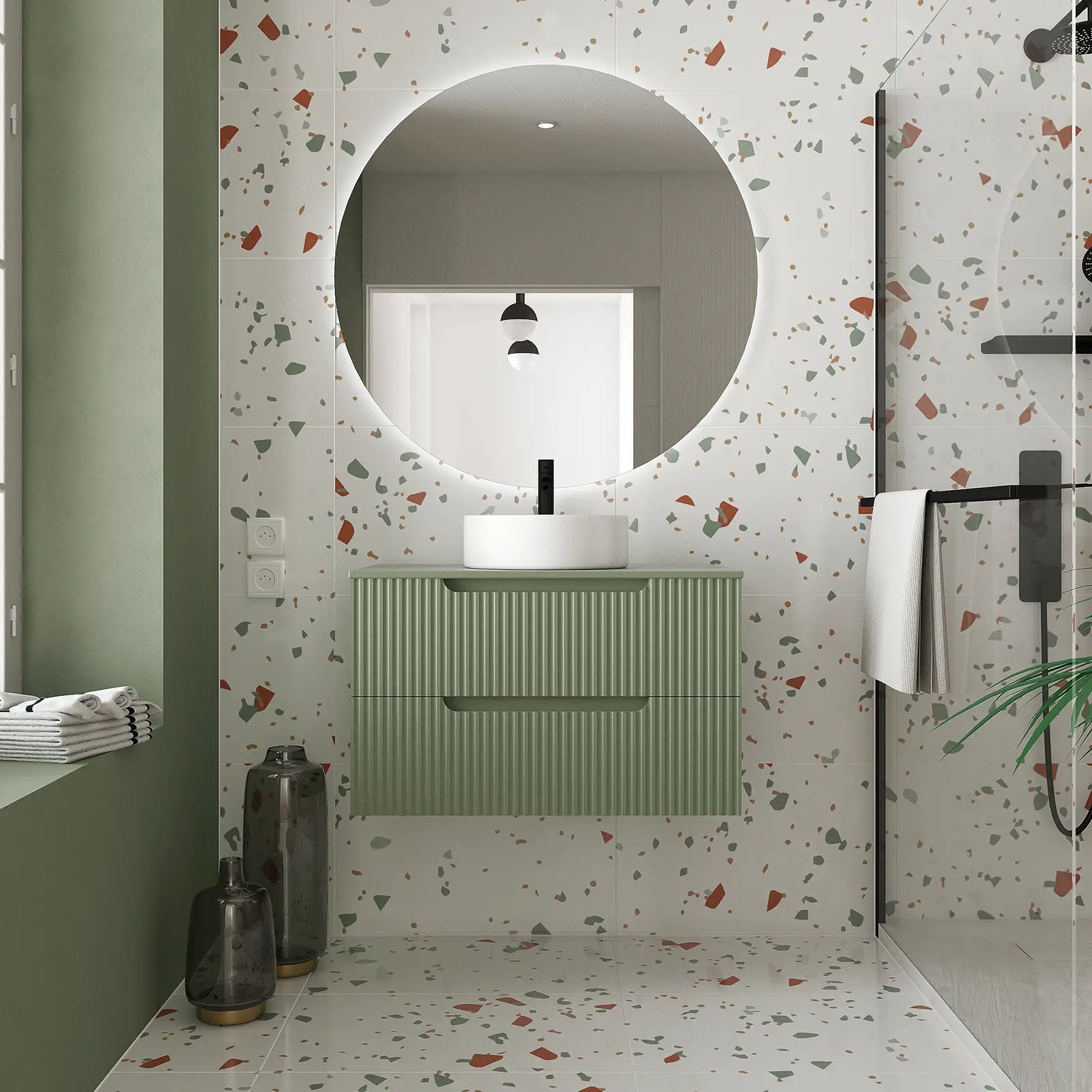 Meuble de Salle de Bains LEON 80cm Vert Olive - 2 Tiroirs en MDF Ondules - Vasque Ronde 36cm