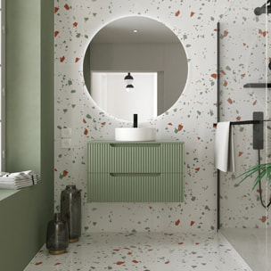Meuble de Salle de Bains LEON 80cm Vert Olive - 2 Tiroirs en MDF Ondules - Vasque Ronde 36cm