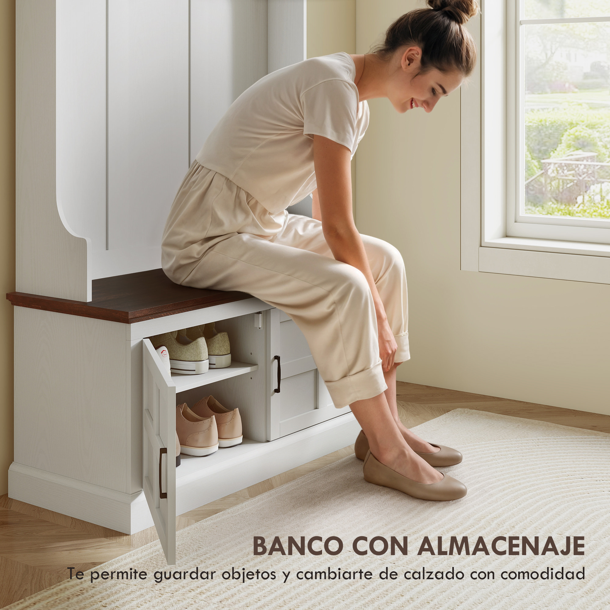 Perchero Zapatero, Perchero Entrada Recibidor con Banco Zapatero 5 Ganchos 3 Estantes Armario y Compartimentos Estilo Rústico para Pasillo Dormitorio Salón 105x40x180 cm Blanco