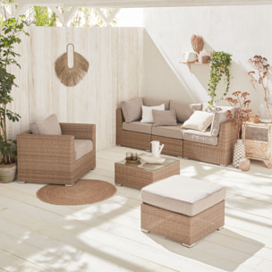 Salon de jardin Premium en résine tressée arrondie – VINCI – Résine naturelle style osier. coussins beiges – 5 places. haut de gamme