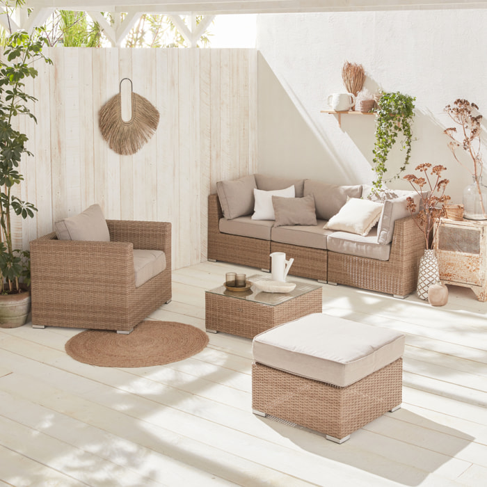Salon de jardin Premium en résine tressée arrondie – VINCI – Résine naturelle style osier. coussins beiges – 5 places. haut de gamme