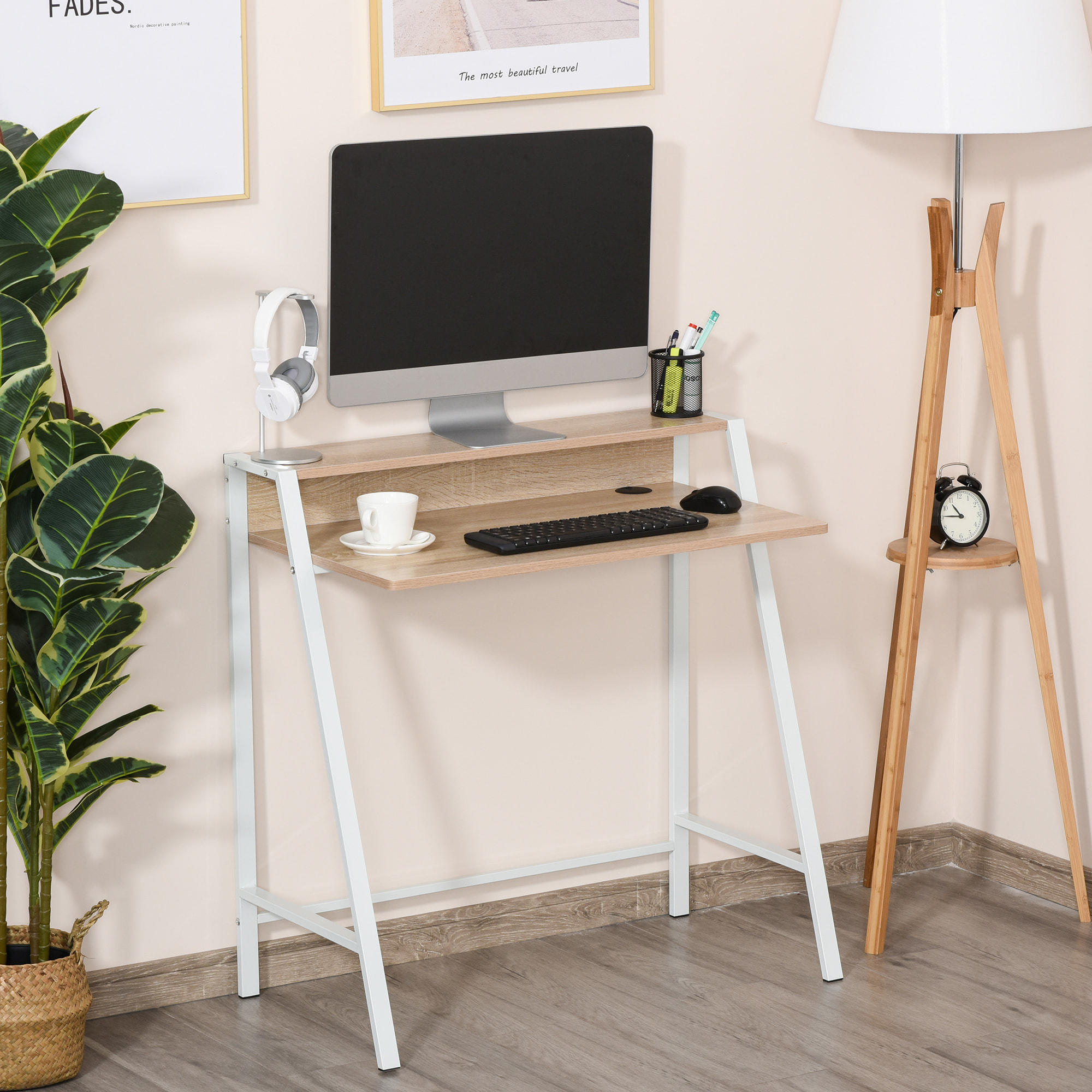 Bureau secrétaire bureau informatique dim. 84L x 45l x 85H cm style néo-rétro étagère coloris chêne clair blanc