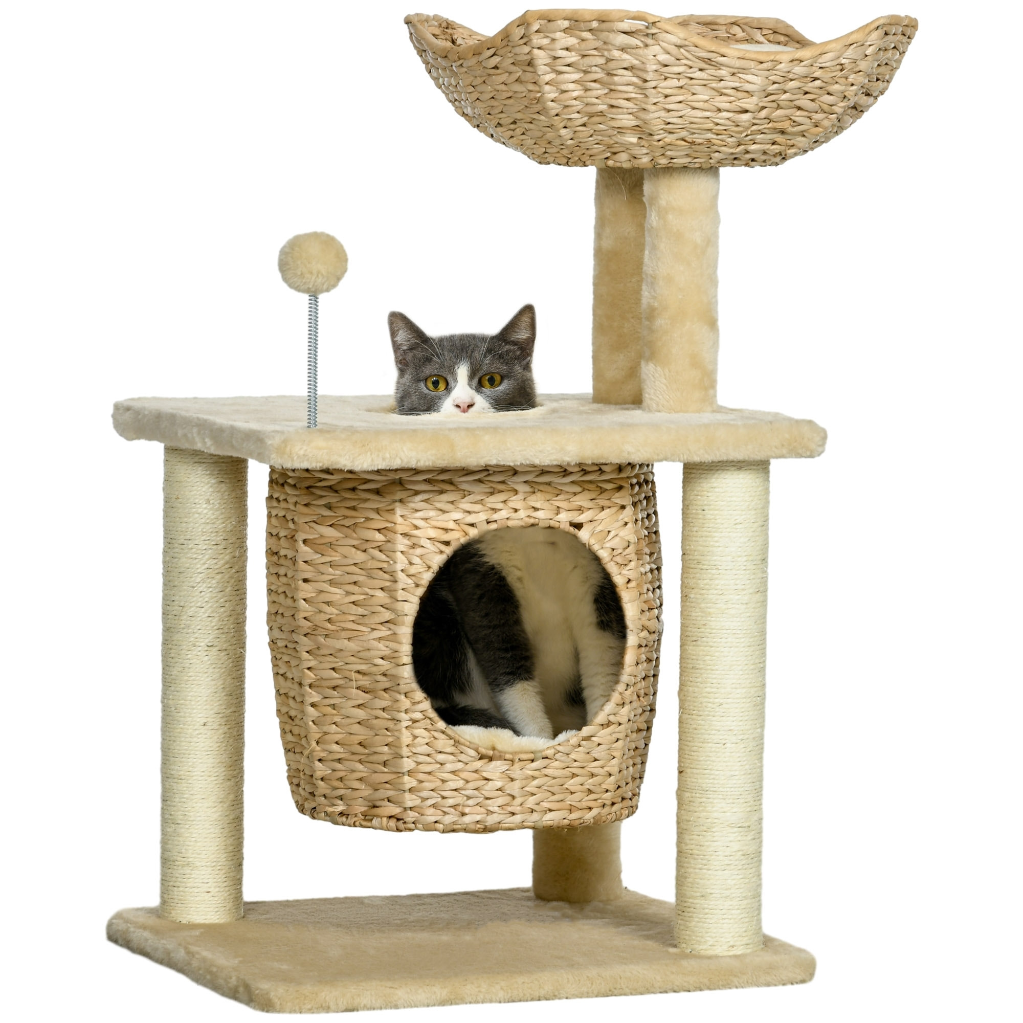 Arbre à chat style cosy chic griffoirs boule ressort niche panier 2 coussins inclus quenouille sisal naturel peluche beige