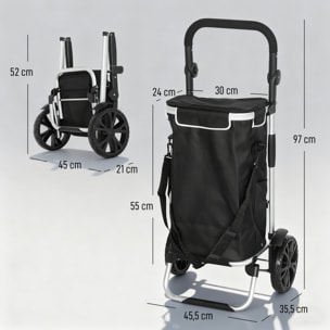 Chariot de courses pliable 3 en 1 sac à bandoulière 40L chariot transport poignée réglable compartiment isotherme alu noir