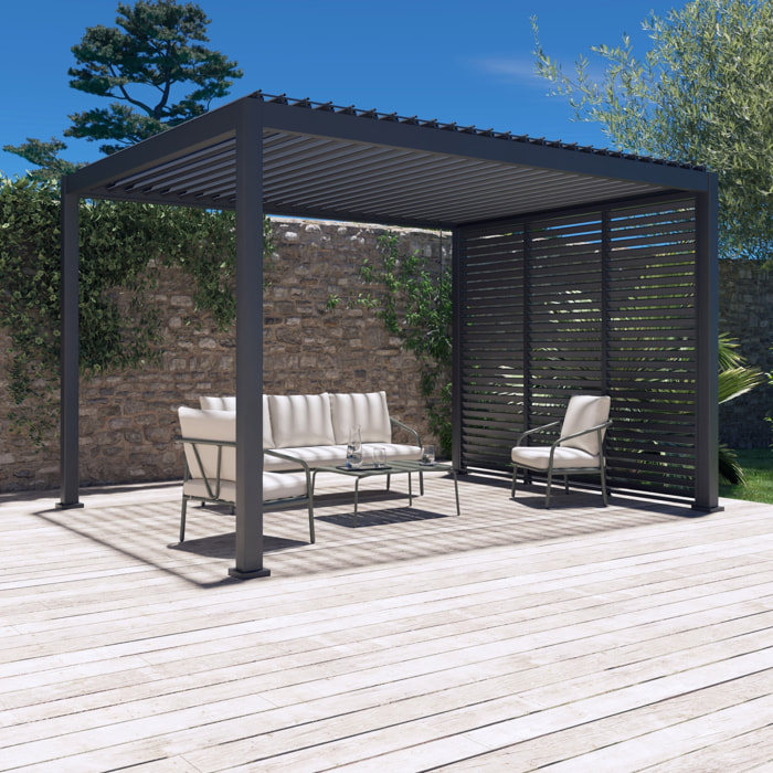 Pergola bioclimatique Triomphe 3x4 + 3 persiennes 100cm pour le côté de 3m. panneau brise vue. L 400 x P 300 x H 250 cm