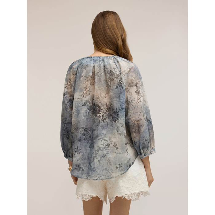 Motivi - Blusa de muselina de algodón con estampado - Light - blue