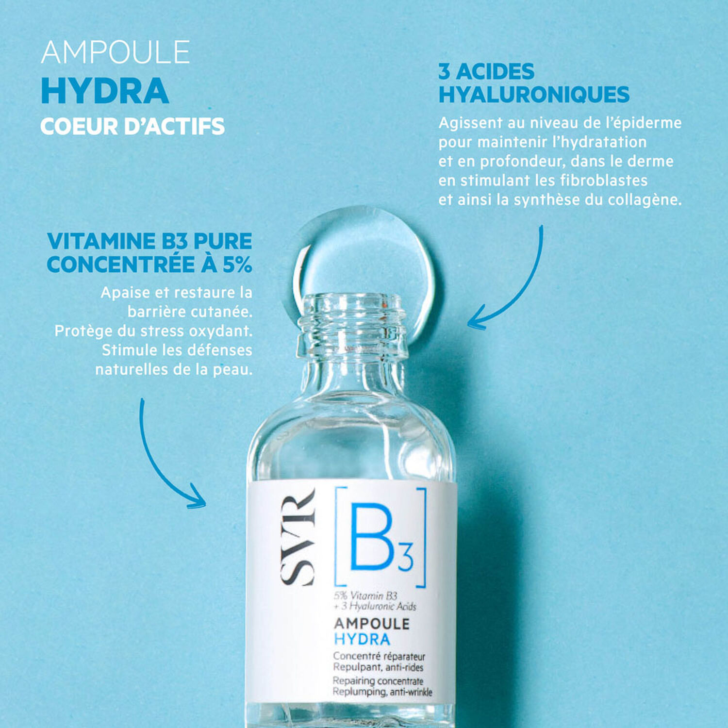 [B3] Ampoule Hydra - Concentré Réparateur - Repulpant, Anti-Rides 30 ml