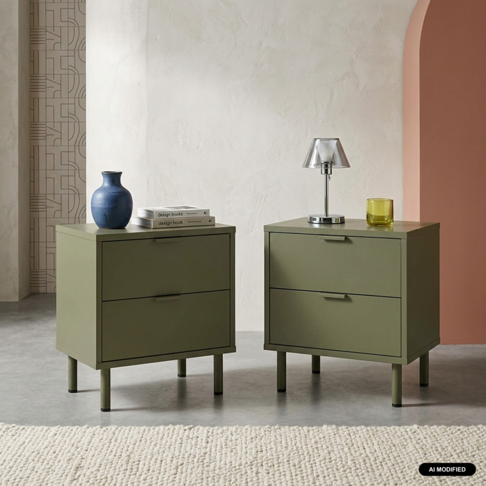 Table de chevet décor bois et métal 2 tiroirs (lot de 2) ELLIE