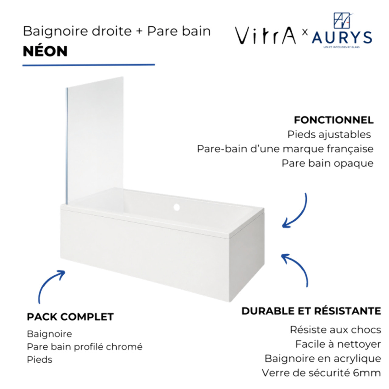Baignoire rectangulaire Neon 180x80cm + Pare bain droit AURYS Mist 1 chromé profilé droite