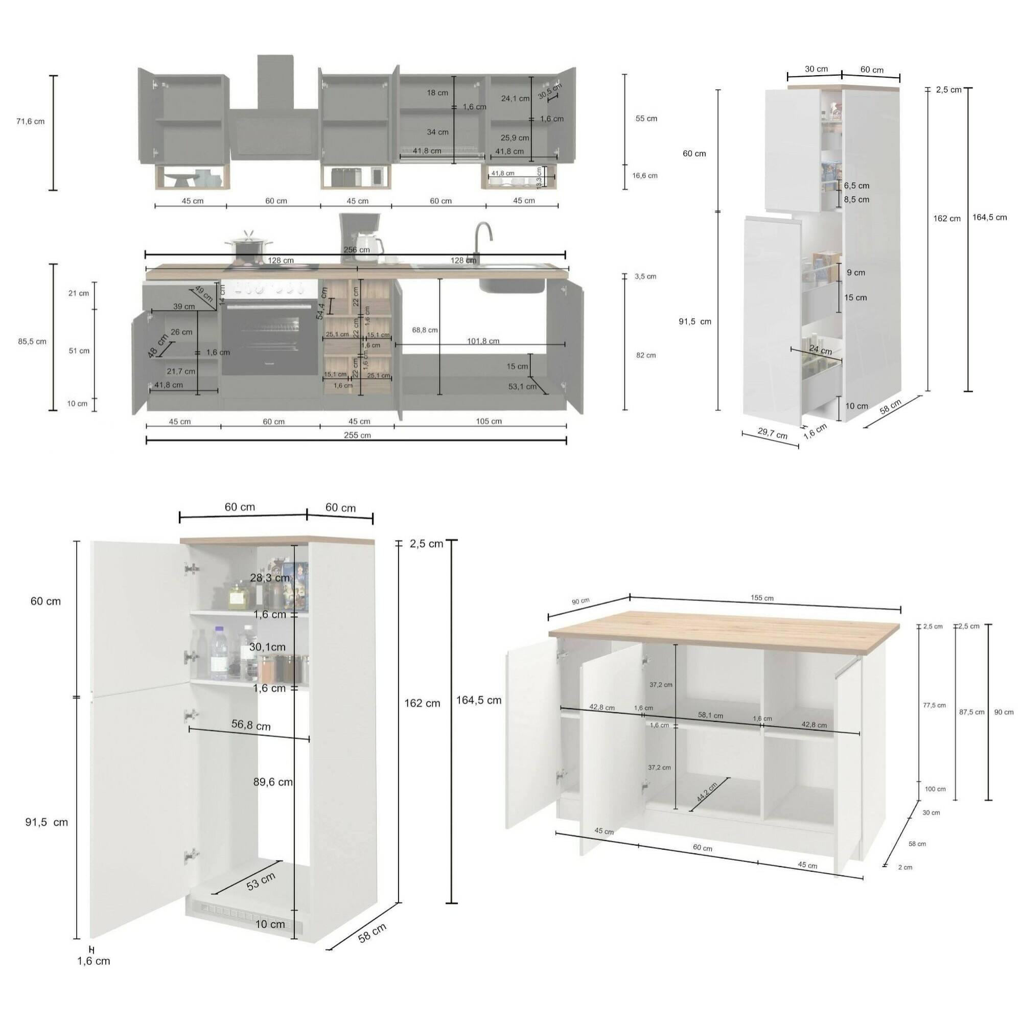 Cucina completa Daquilant, Set da cucina modulabile, Cucina componibile con più elementi, 100% Made in Italy, Bianco lucido e Rovere