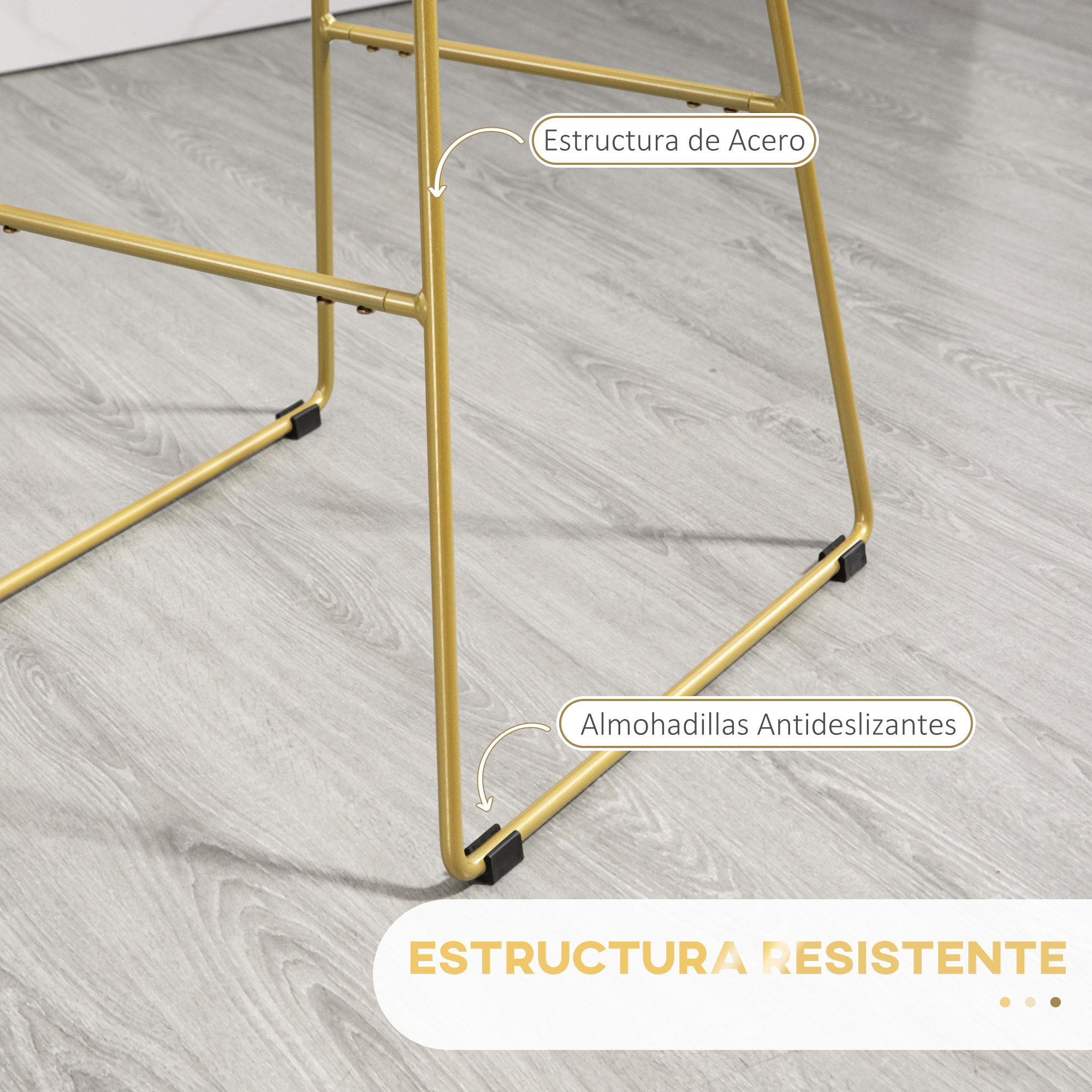 Conjunto de 2 Taburetes Altos de Cocina Sillas Altas de Cocina con Respaldo Cojín y Estructura de Acero Carga 120 kg para Bar Salón Comedor Dorado