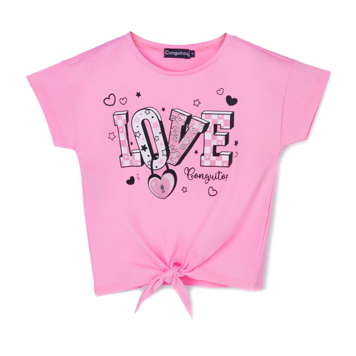 Camiseta Niña Estampado Anudado En Rosa