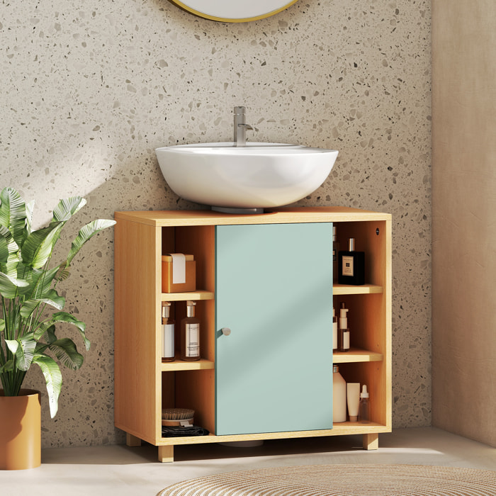 Meuble sous vasque 6 niches porte étagère dim. 60 x 33 x 57 cm effet bois clair vert d'eau