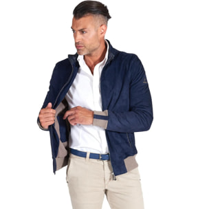 Giubbotto bomber in pelle scamosciata blu collo coreana