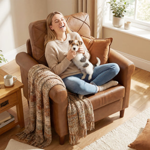 Sillón Relax, Sofá Individual, Tapizado en PU, Cojín Grueso, Respaldo con Costuras, Asiento Amplio, Patas de Madera Maciza para Salón, Dormitorio y Oficina, 82x71x84 cm, Marrón