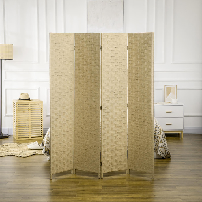 Paravent intérieur 4 panneaux pliables séparateur de pièce bois de pin fibres de papier tressé naturel