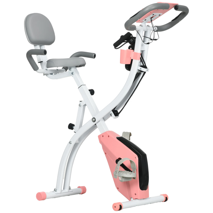 Vélo d'appartement pliant 8 niveaux de résistance magnétique dossier selle réglable poignées ergonomiques écran LCD multifonction suspensions support tablette acier rose blanc