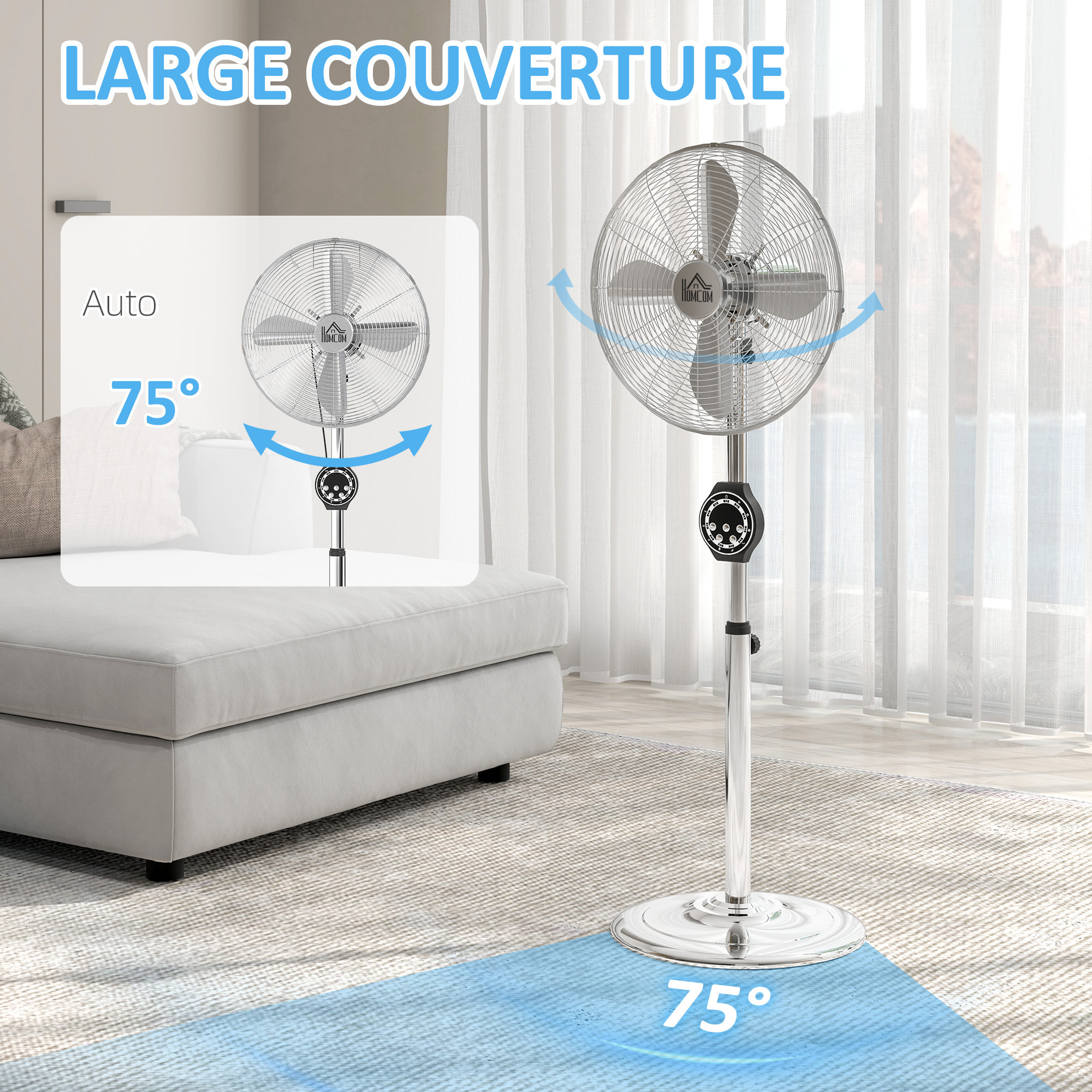 Ventilateur sur pied 50W oscillant réglable H.120-135 cm 3 vitesses timer télécommande 4 pales métal