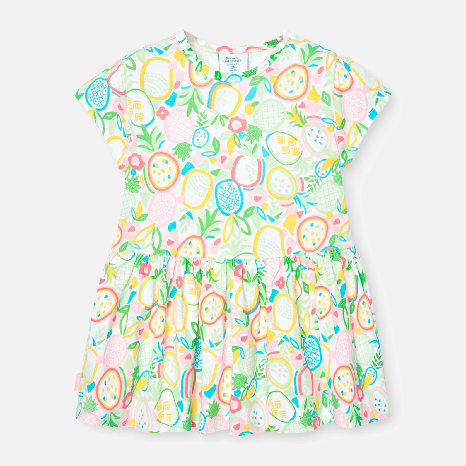Vestido elÃ¡stico niÃ±a, algodÃ³n estampado, verde