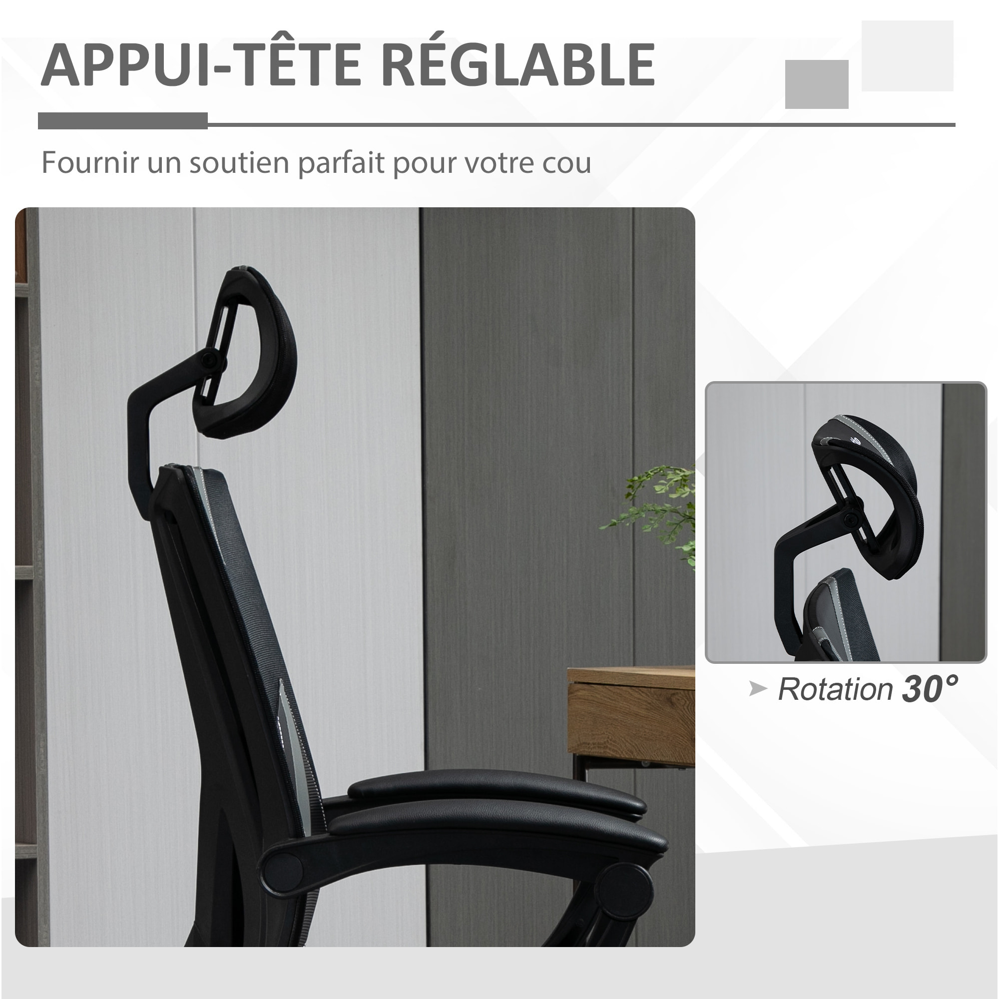 Fauteuil de bureau manager inclinable réglable support lombaires tétière tissu maille polyester PU gris noir