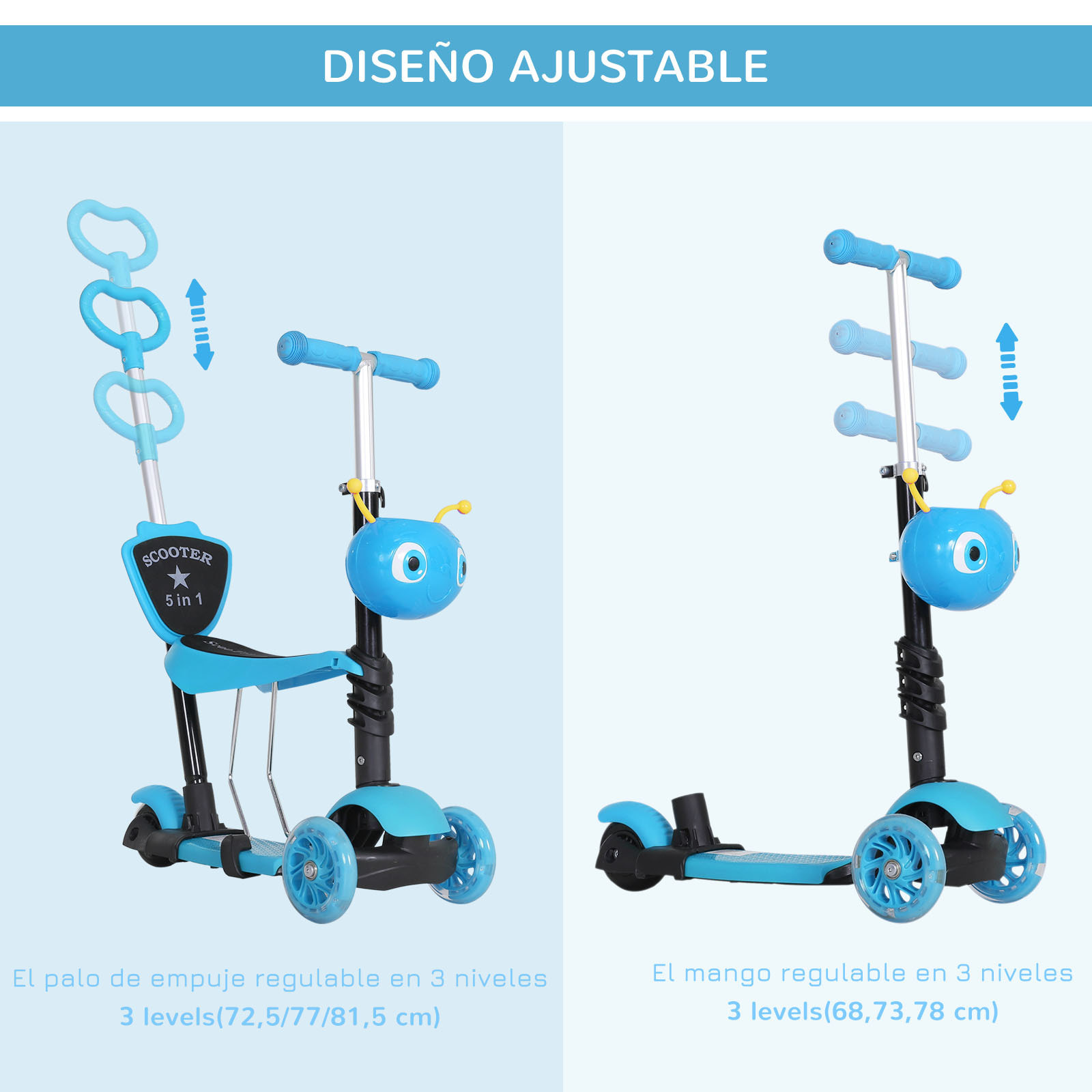 3 en 1 Patinete para Niños de +18 Meses o Scooter de 3 Ruedas con Asiento Extraíble Manillar Mango de Empuje Altura Ajustable 62x25x72,5 cm