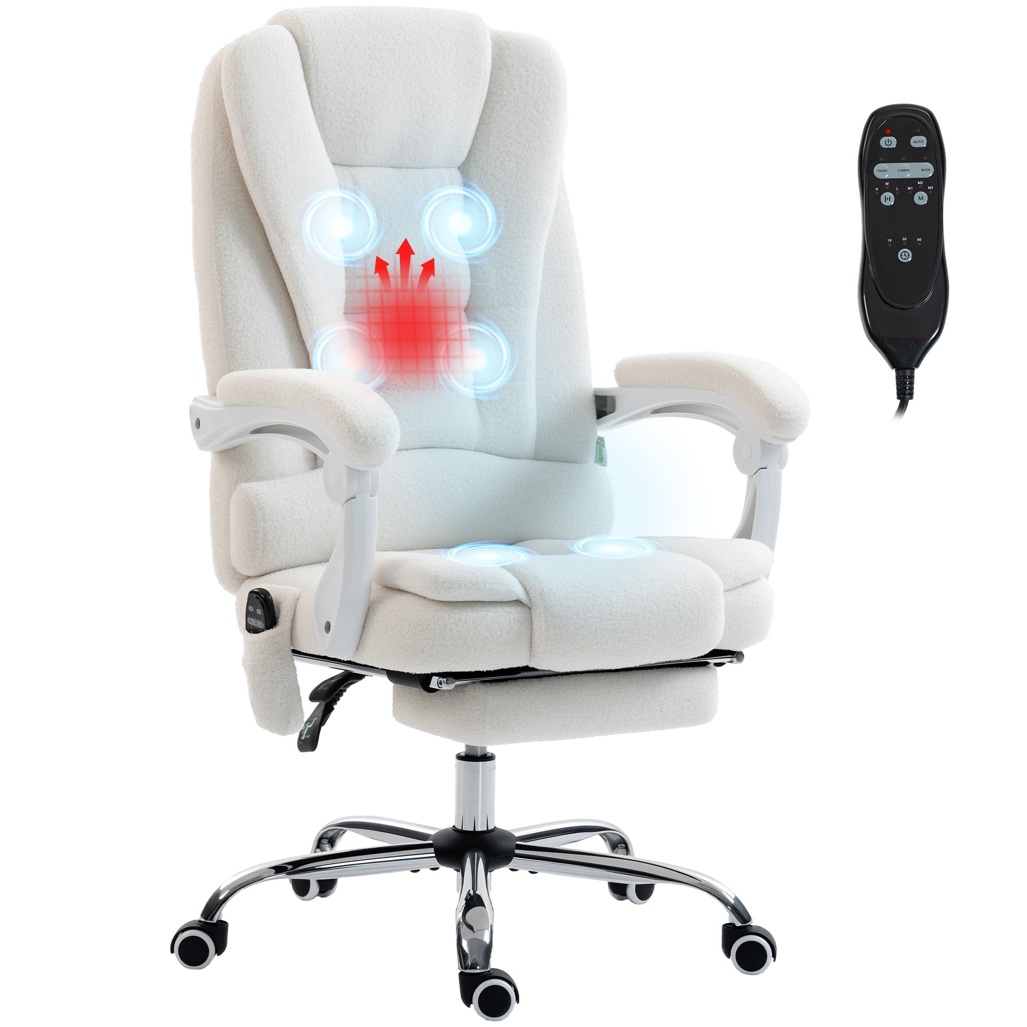 Fauteuil de bureau direction massant chauffant inclinable réglable bouclette blanc