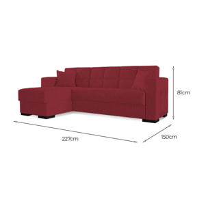 Divano letto Fernando, Divano letto ad angolo con penisola reversibile, Sofà contenitore da soggiorno con chaislongue e 2 cuscini, Cm 230x150h81, Rosso