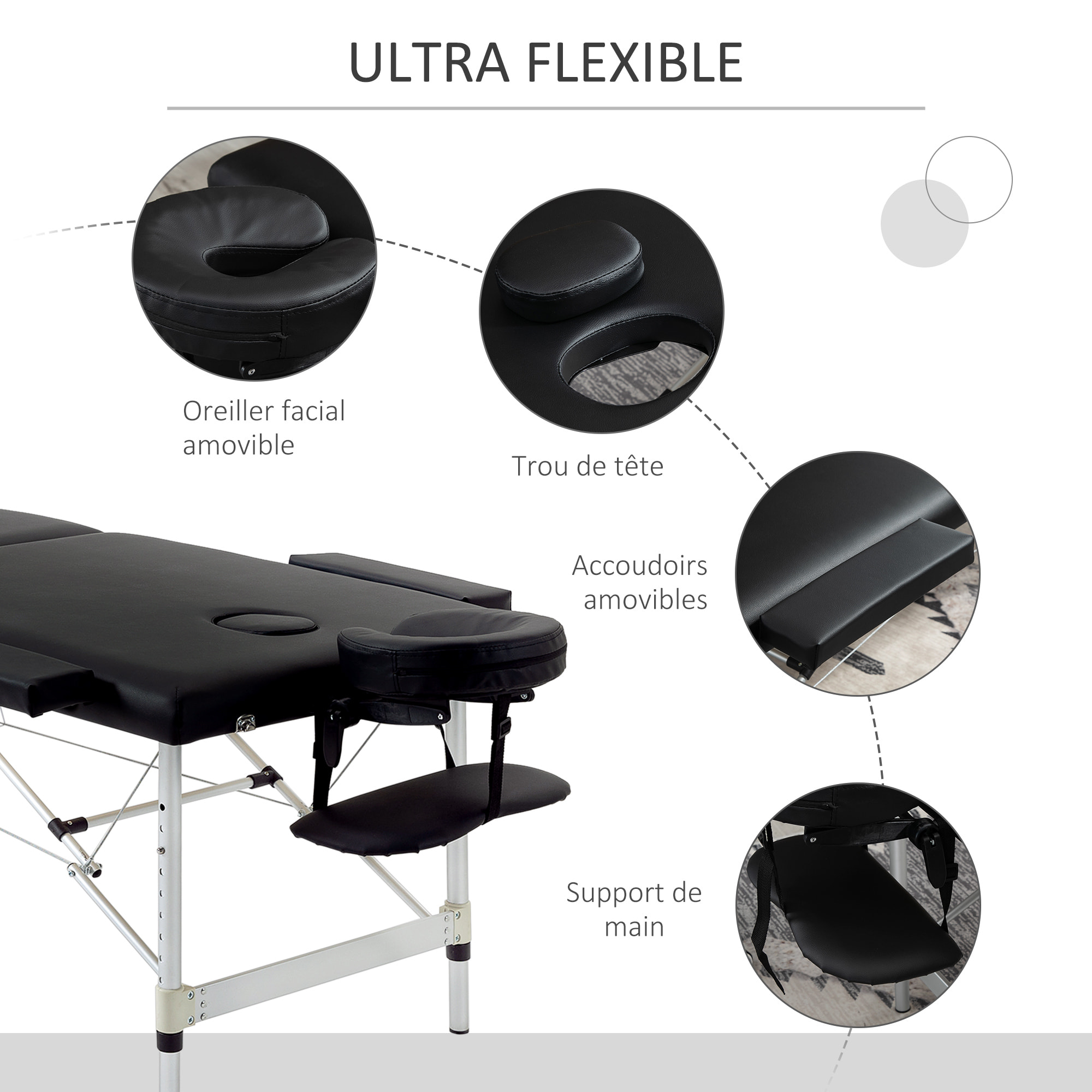 Table de massage pliable 3 zones hauteur réglable dim. 185L x 70l x 59-84H cm sac transport alu. synthétique PVC noir