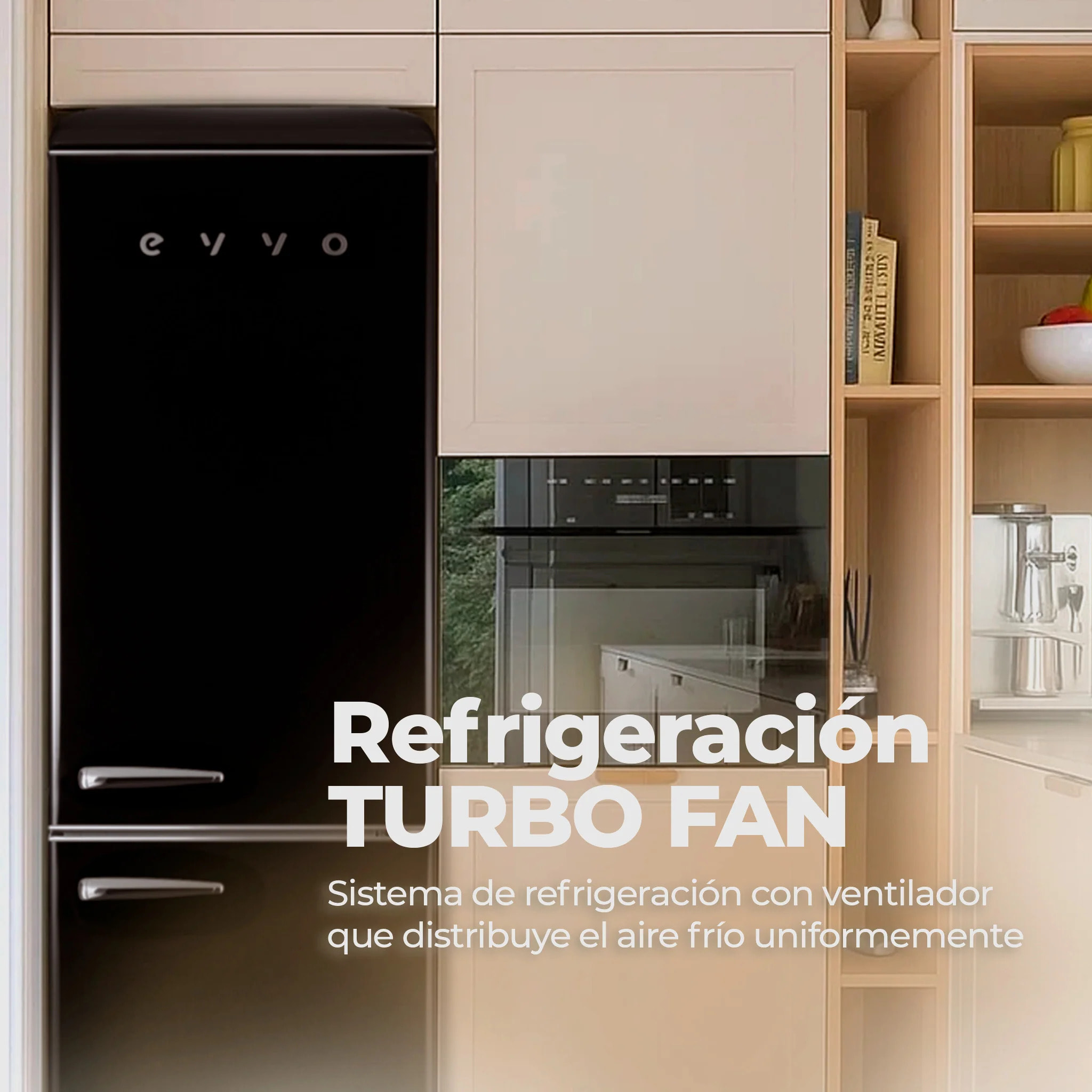 EVVO Frigorífico combi F55 Retro Negro, 216 L + 84 L, diseño vintage, Crisper Zone, Turbo Fan, silencioso