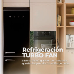 EVVO Frigorífico combi F55 Retro Negro, 216 L + 84 L, diseño vintage, Crisper Zone, Turbo Fan, silencioso