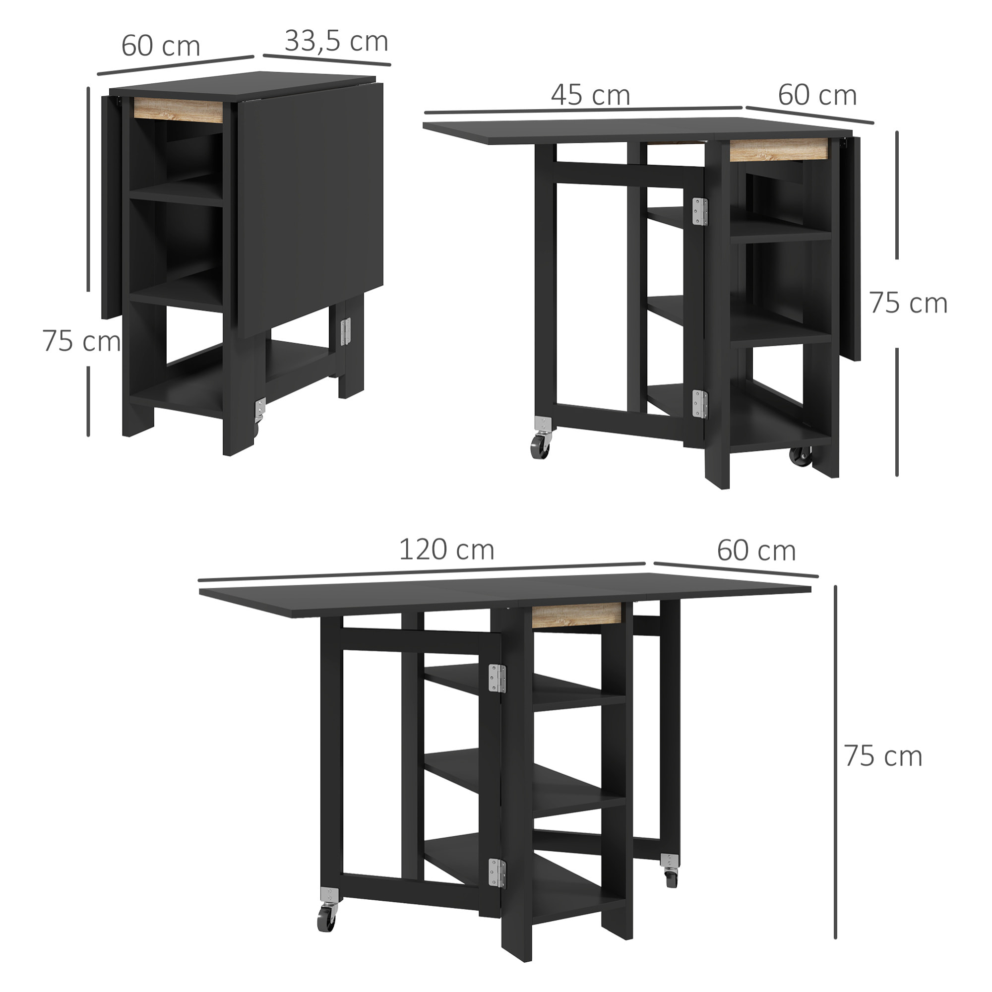 Table à manger pliable - roulettes, 2 abattants, 3 étagères - dim. 120L x 60l x 75H cm - noir