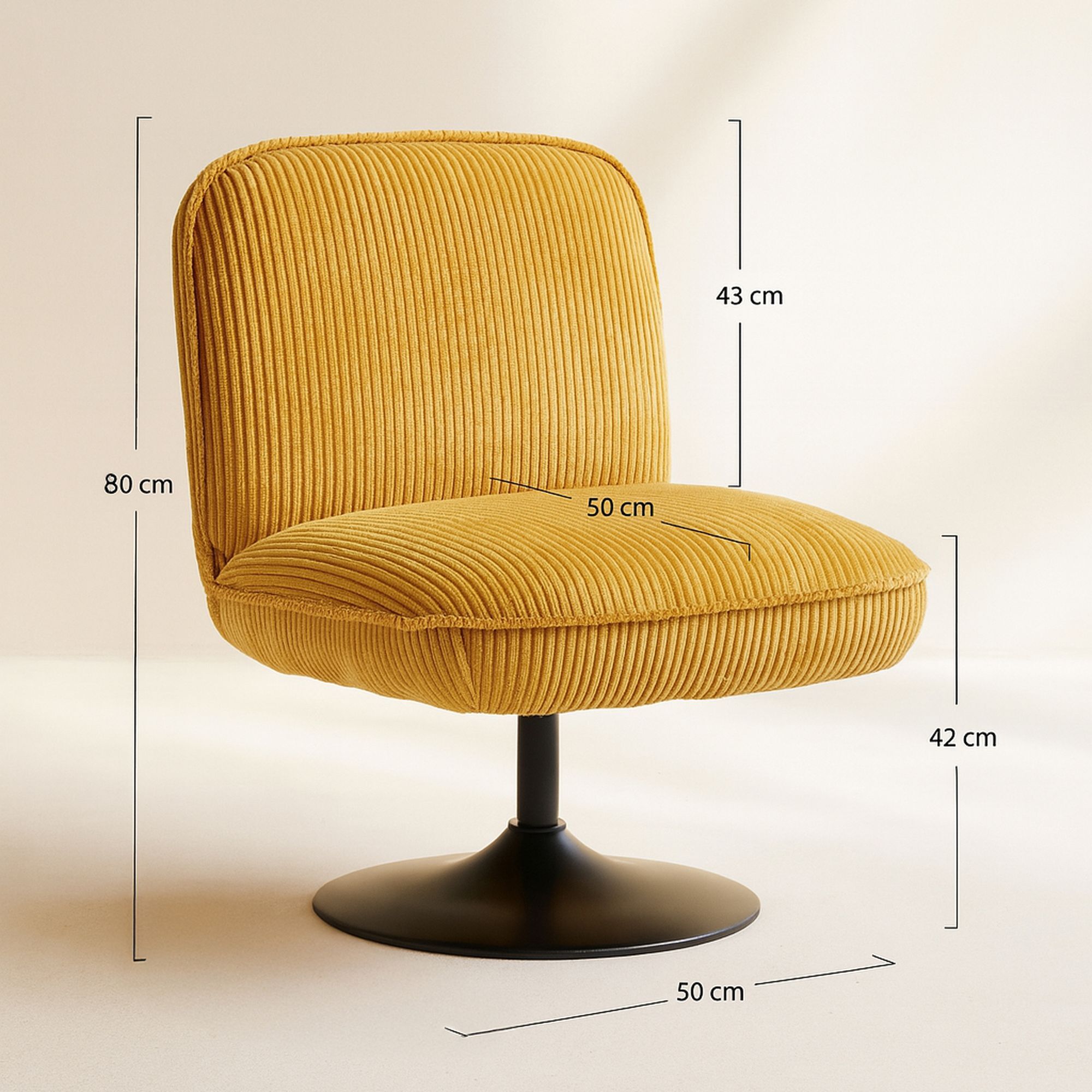 Fauteuil pivotant en velours jaune et pied en métal noir FUNKY