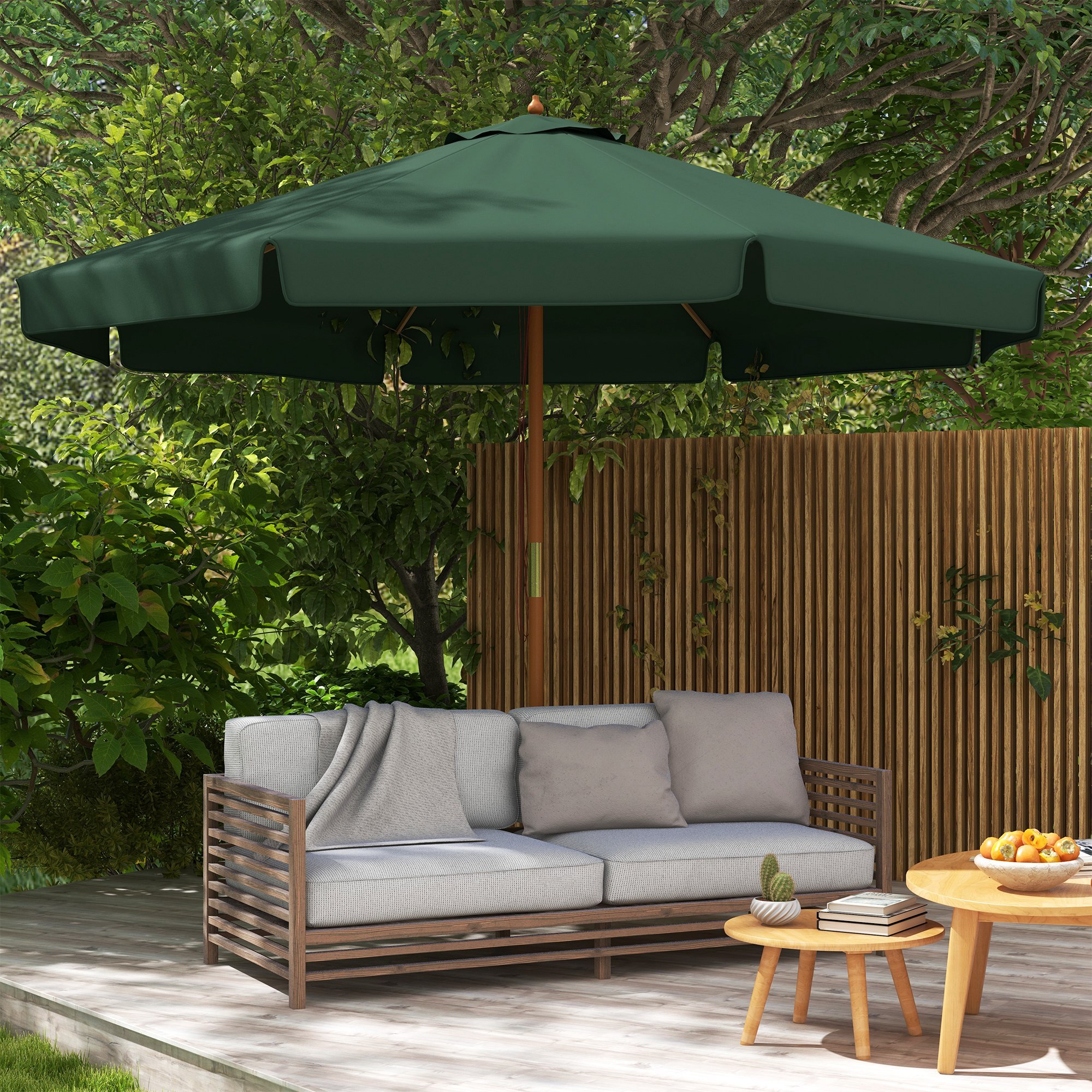 Sombrilla de Jardín Ø325x250 cm Parasol de Madera con Sistema de Polea Techo de Ventilación y 8 Varillas de Bambú para Terraza Balcón Exterior Verde Oscuro