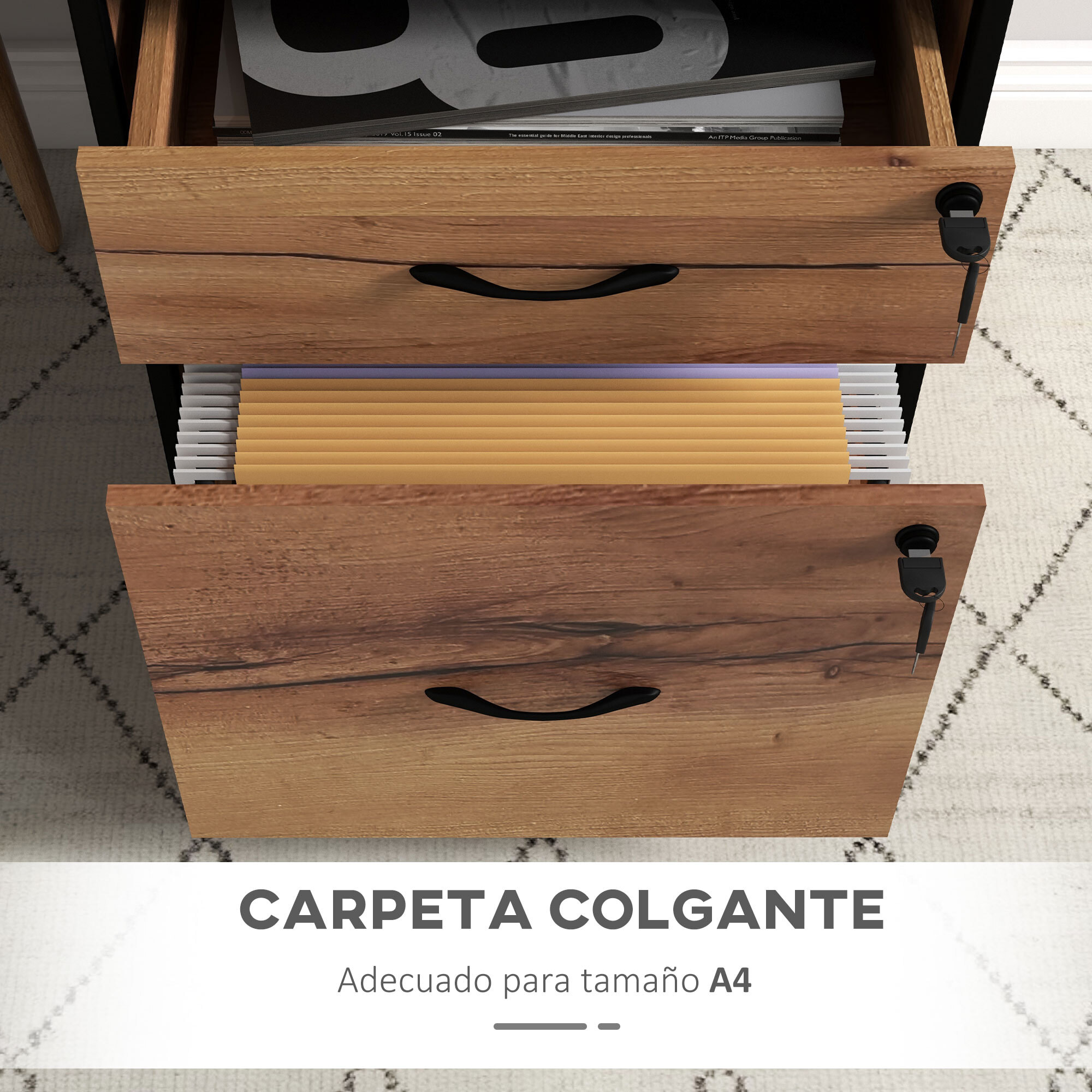 Vinsetto Cajonera de Oficina con Cerradura Armario Archivador Móvil con Ruedas 2 Cajones Barra Colgante para Tamaño Carta A4 y 2 Llaves 44x40x66,5 cm Marrón Rústico