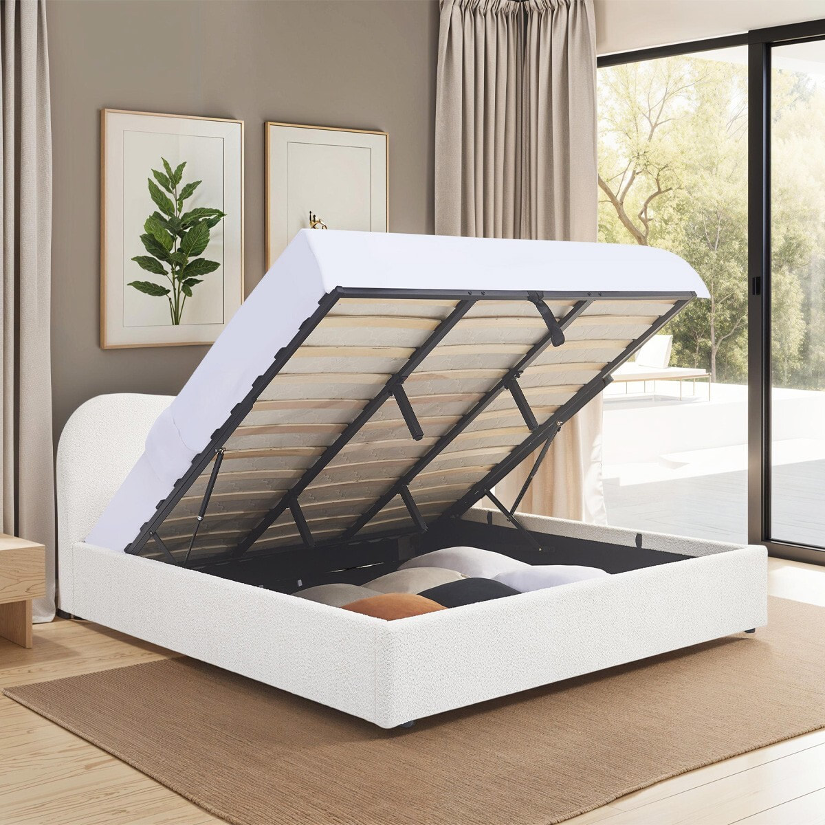 Lit coffre avec tête le lit en tissu bouclé - SUZON