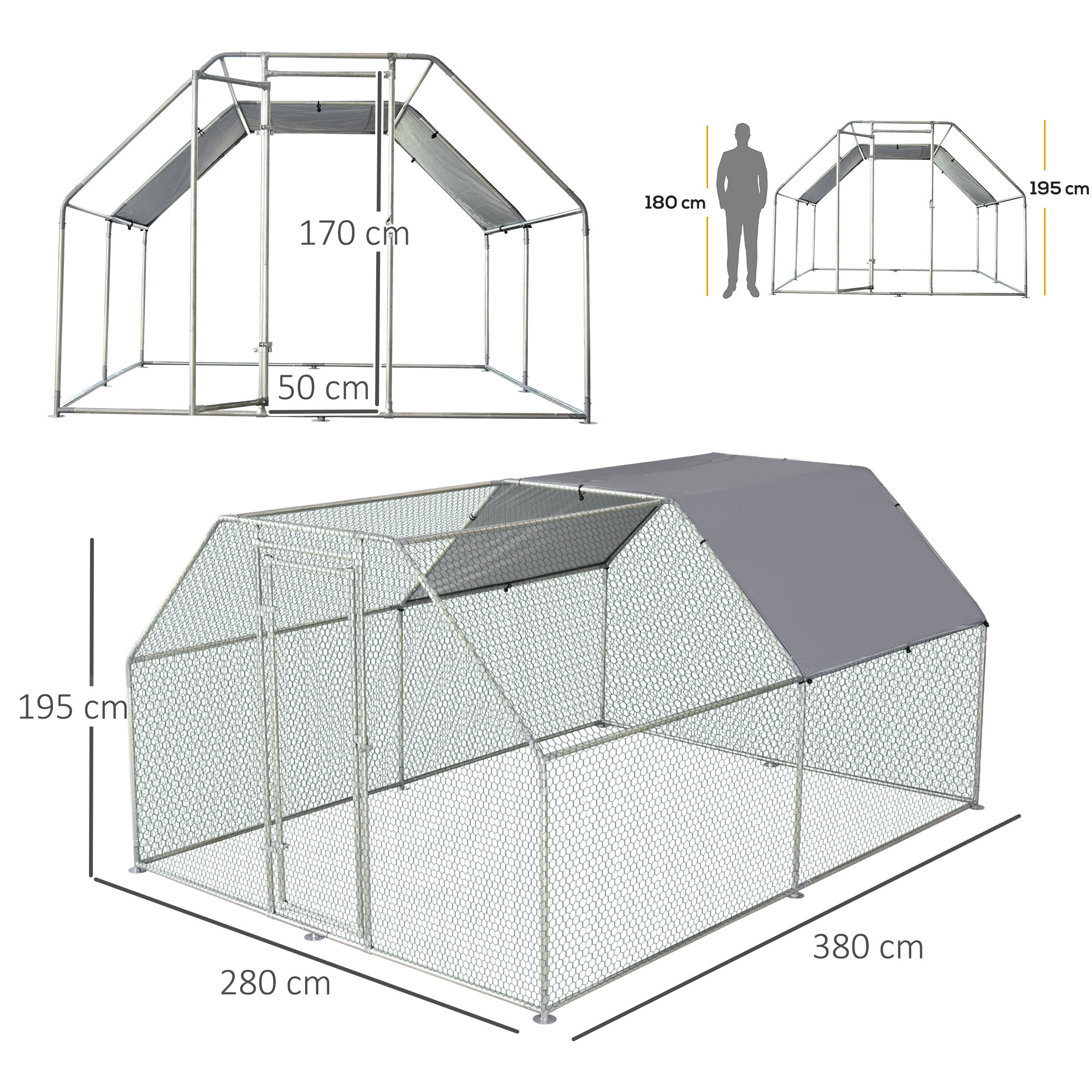 Gallinero de Metal Alambre Tela Oxford 2,8x3,8x1,95m Plata