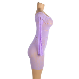 Bodystocking sexy de malla con un hombro y mangas largas en morado