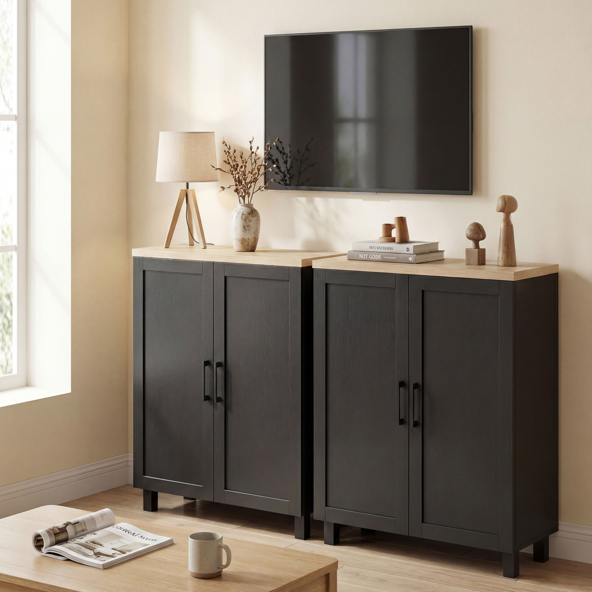 Aparador de 2 Puertas, Aparador de Salón Estrecho, Armario de Cocina con Estante Ajustable, para Cocina, Entrada, Dormitorio, 60x30x90 cm, Negro