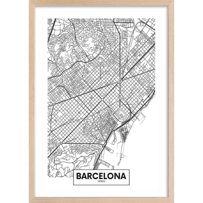Affiche graphique barcelona spain Affiche + cadre en bois - Chêne