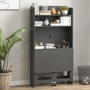Bureau mural pliable table murale rabattable suspendue sur pied avec bibliothèque 3 étagères MDF noir