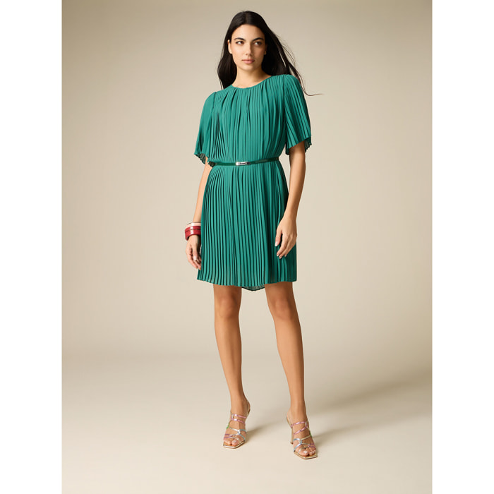 Oltre - Vestido corto en georgette plisado - Verde