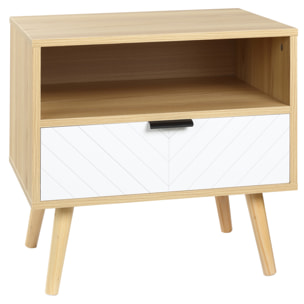 Chevet table de nuit design scandinave tiroir + niche bois pin panneaux particules motif chevrons blanc aspect chêne clair