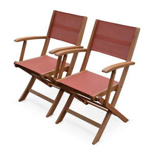 Table de jardin extensible bois d'eucalyptus + 8 assises en bois d'Eucalyptus huilé et textilène terracotta