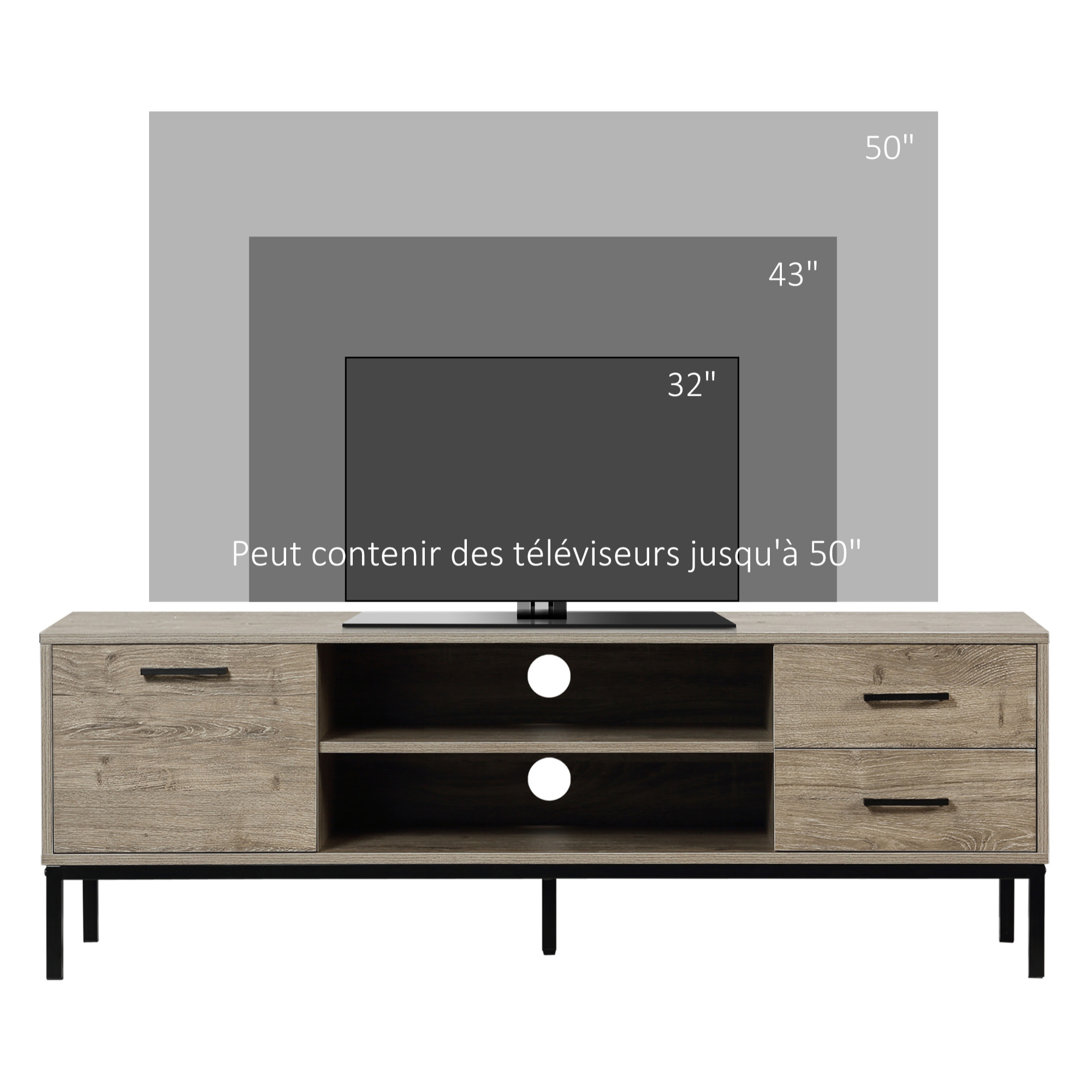 Meuble TV banc TV design industriel - porte, 2 tiroirs, 2 niches - piètement acier noir - aspect bois gris