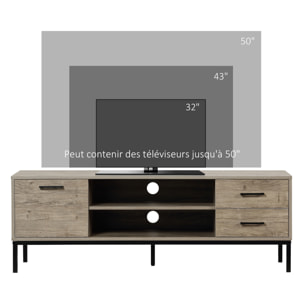 Meuble TV banc TV design industriel - porte, 2 tiroirs, 2 niches - piètement acier noir - aspect bois gris