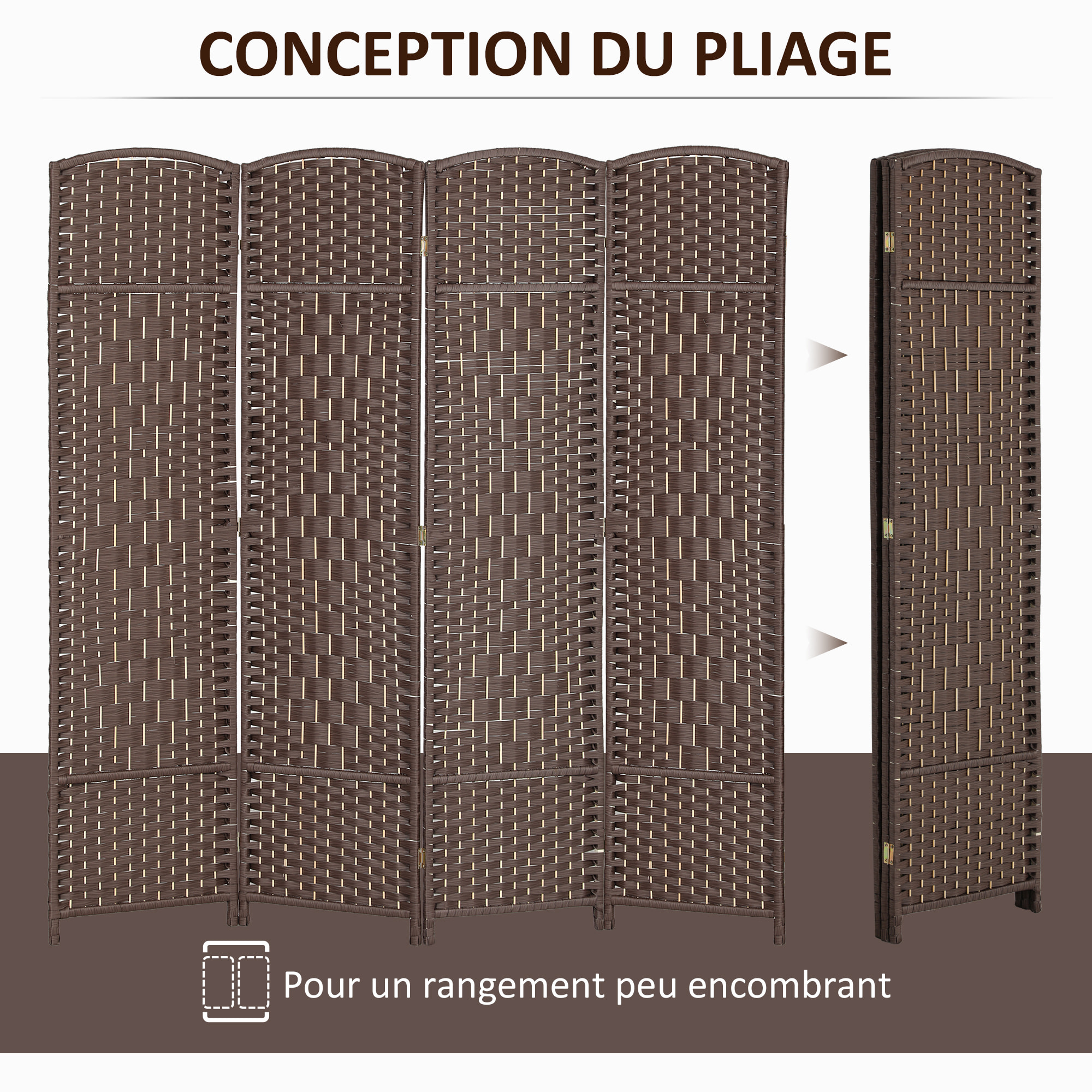 Paravent intérieur en bois 4 panneaux 180 x 180 cm séparateur de pièce pliable bois marron