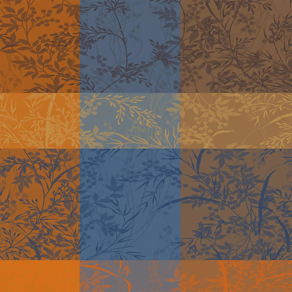 Serviette pur coton 220 g/m² motif jacquard bleu brun Mille branchages crepuscule