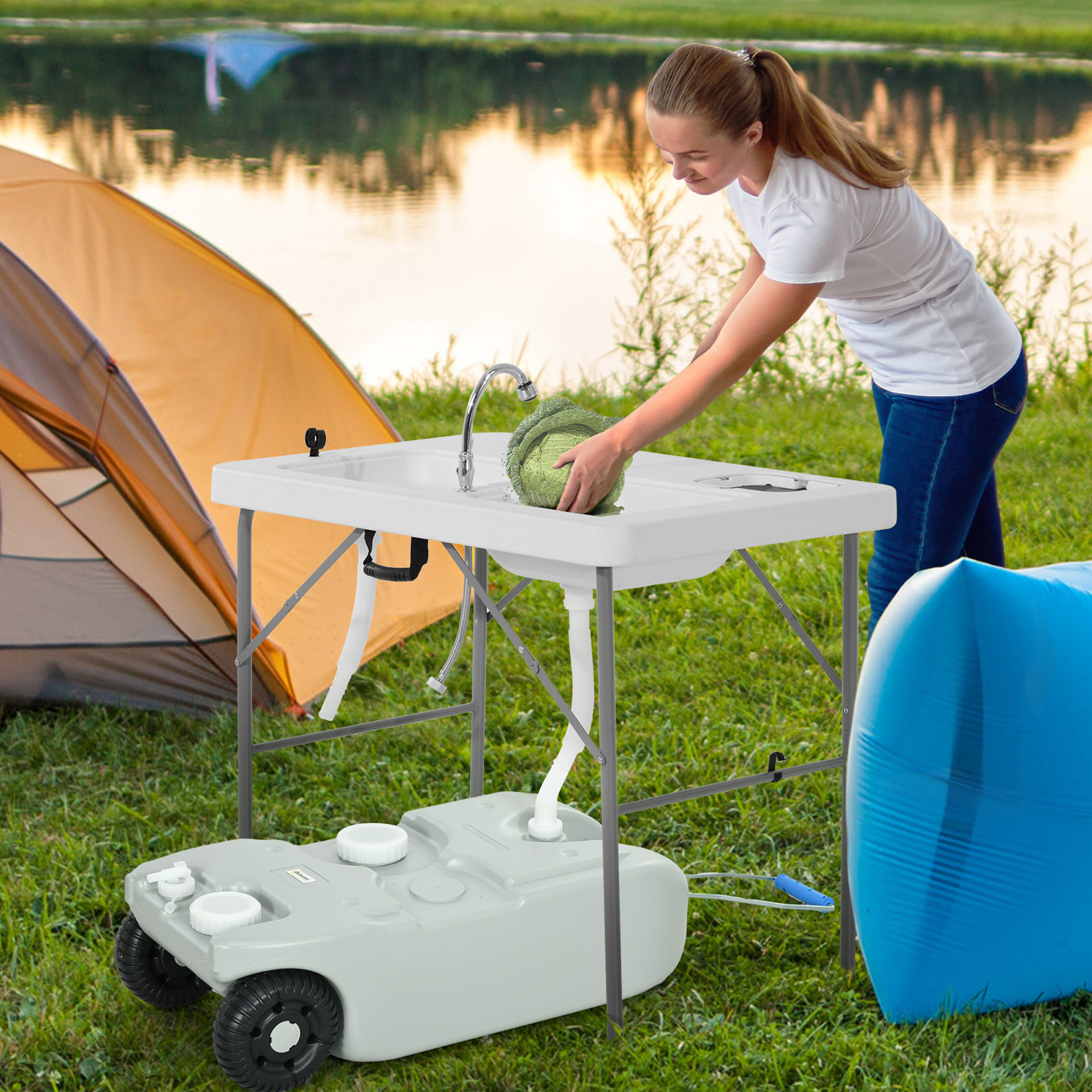 Contenedor de Agua 40 L con Ruedas Tanque de Agua Portátil con Manija Metálica y Grifo para Caravanas Autocaravanas Camping al Aire Libre